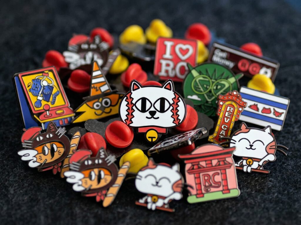 Collection of illustrated enamel pins in varied designs and colors for RevenueCat, showing how a cohesive series creates collectible merch with multiple variations