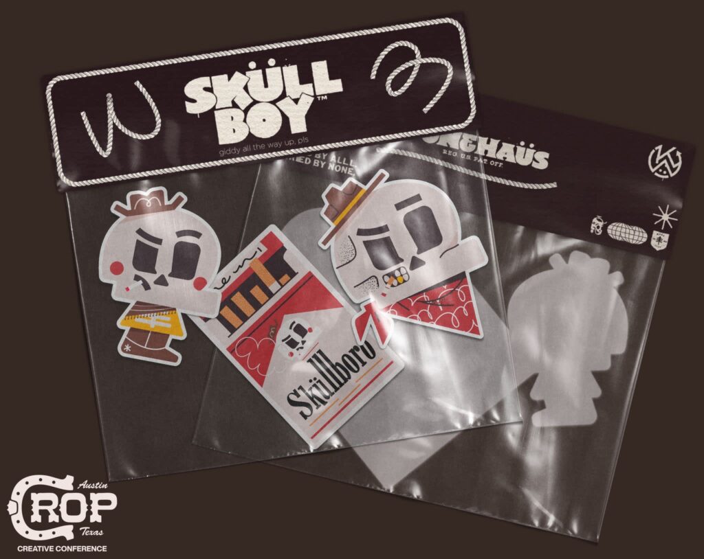Packaged set of die-cut Skully character stickers in a clear sleeve with branded header card, showing a collectible sticker series with consistent visual style