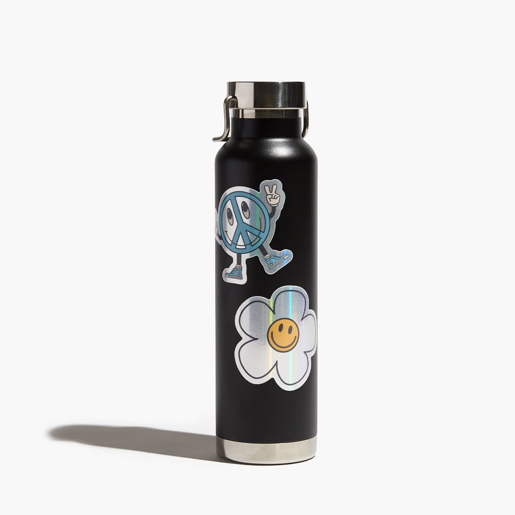 Reusable black water bottle with two applied stickers, die-cut holographic daisy and peace sign-shaped character