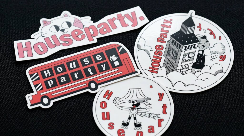 Set of custom die-cut stickers using a limited red, black and white color palette, showing consistent branded colors across different designs