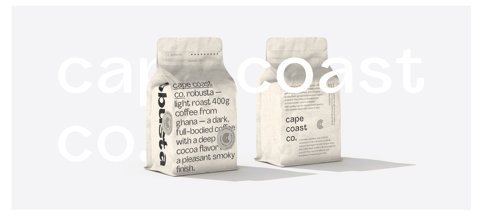 Minimalist coffee packaging design for Cape Coast Co. coffee beans, featuring large sans serif typography, a neutral color palette and bold text-driven branding on front and back paper coffee bags.