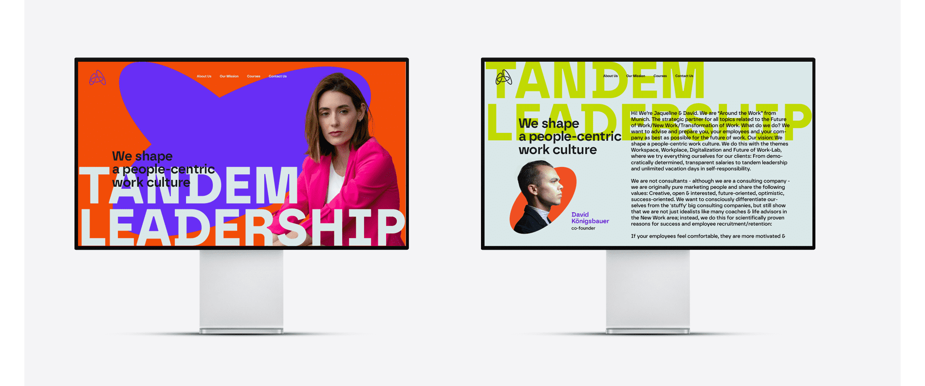 Website designs showcasing a consistent typography system across digital layouts, combining large display text with supporting body copy.