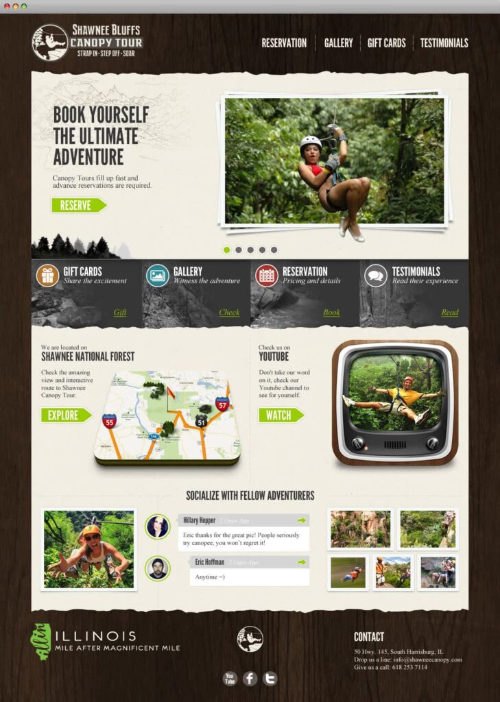 Adventure tourism website with multiple navigation links, promotional content blocks, image galleries, maps, testimonials and several calls to action.