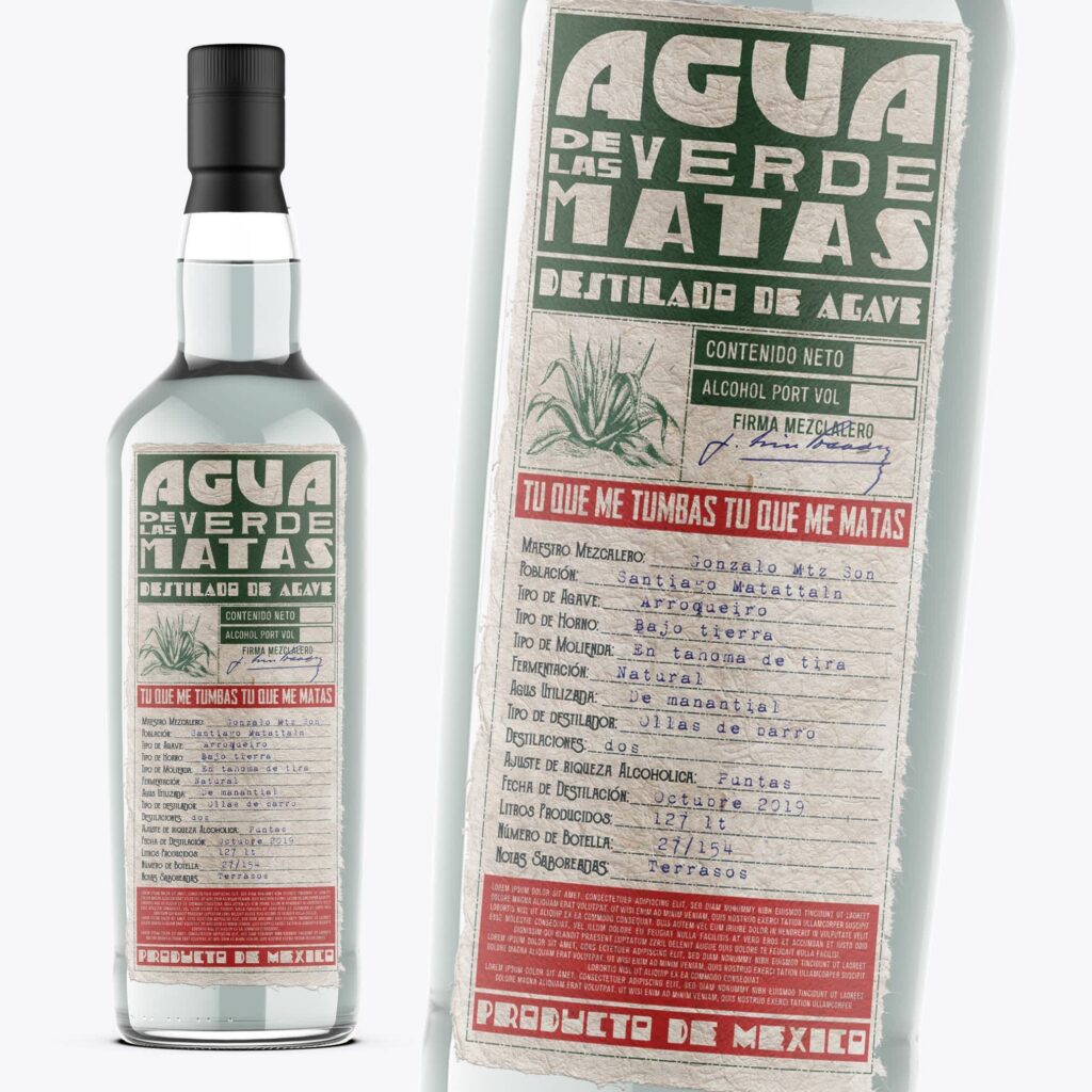Agave spirit bottle with distressed paper-style label, dense production notes, bold vintage typography and handcrafted mezcal-inspired aesthetic.