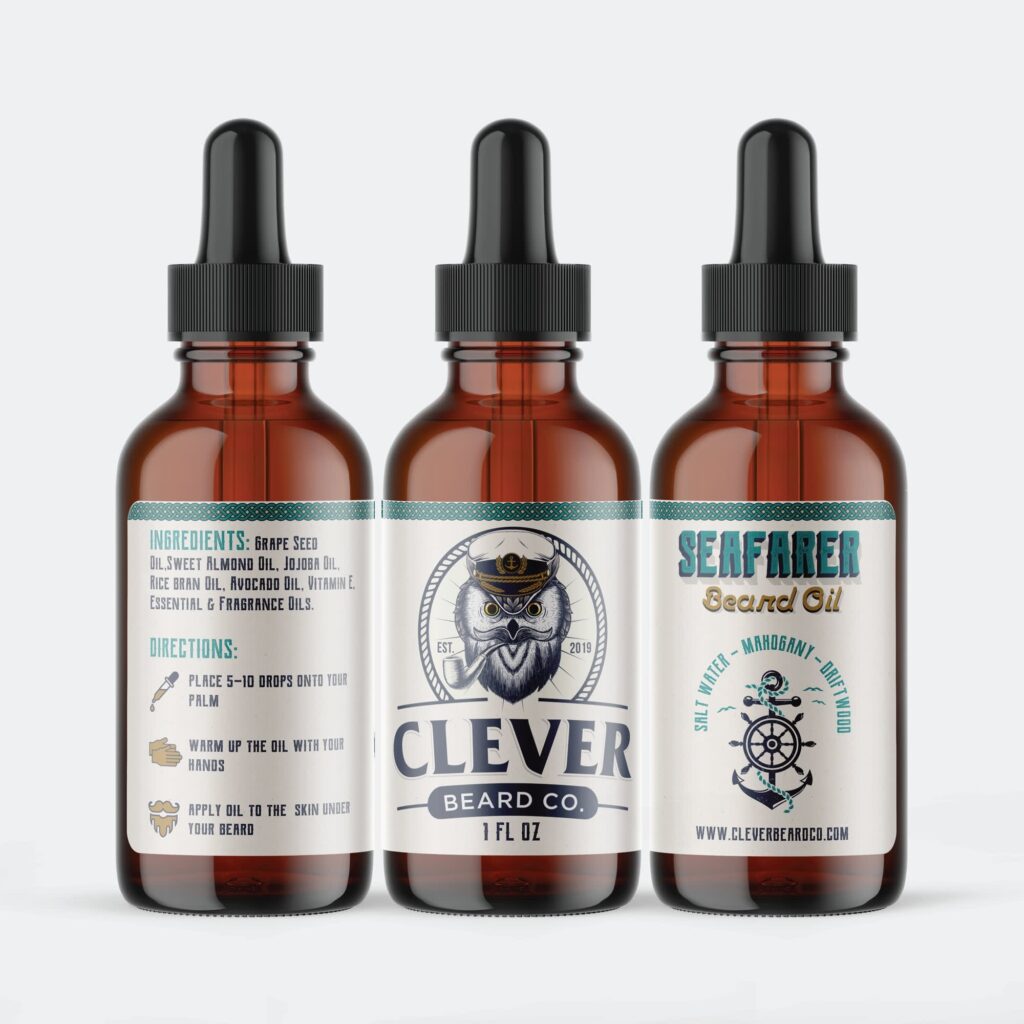 Amber beard oil bottles with durable plastic labels featuring nautical illustrations, bold typography and waterproof packaging elements designed for long-lasting product use.