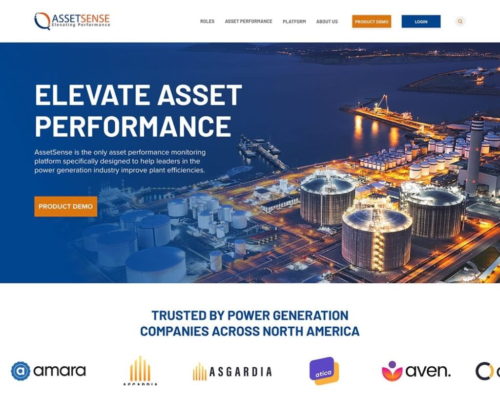 B2B software website homepage featuring a large value proposition headline, contrast orange color product demo call to action, navigation menu and customer trust signals.