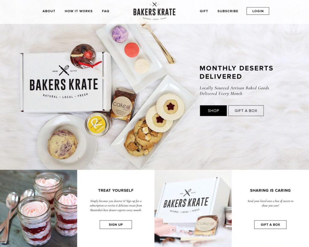 Bakery ecommerce website with product photography, simple navigation, clear category labels and prominent shop and gift box call-to-action buttons.