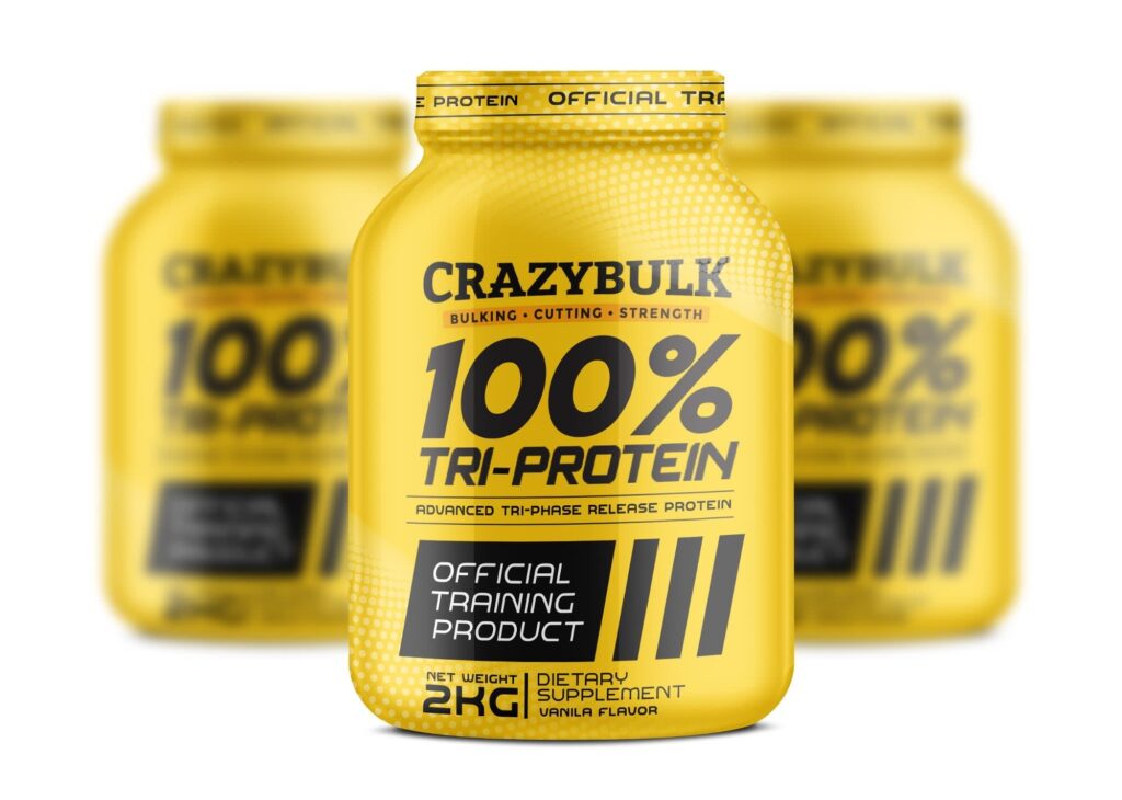 Bright yellow protein powder container with bold, high-contrast typography designed for strong shelf visibility.