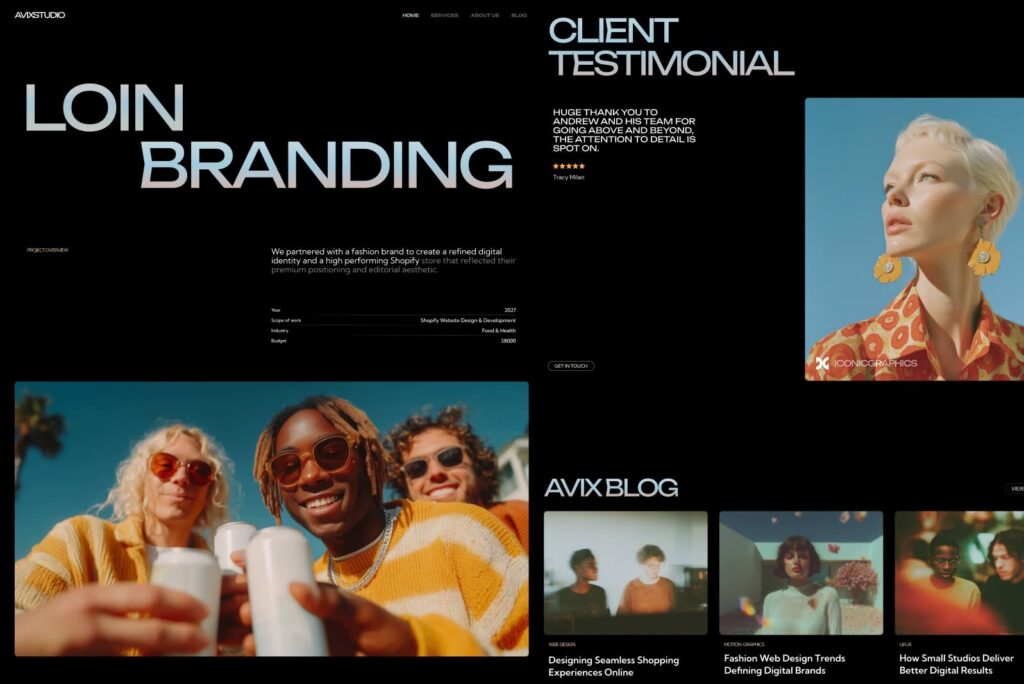 Creative website design with oversized typography, large imagery, unconventional page structure, overlapping elements and visually dominant content sections.