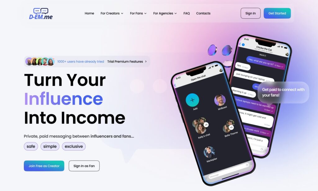 Creator platform website with a clear value proposition, streamlined navigation, mobile app previews and prominent sign-up and sign-in calls to action.