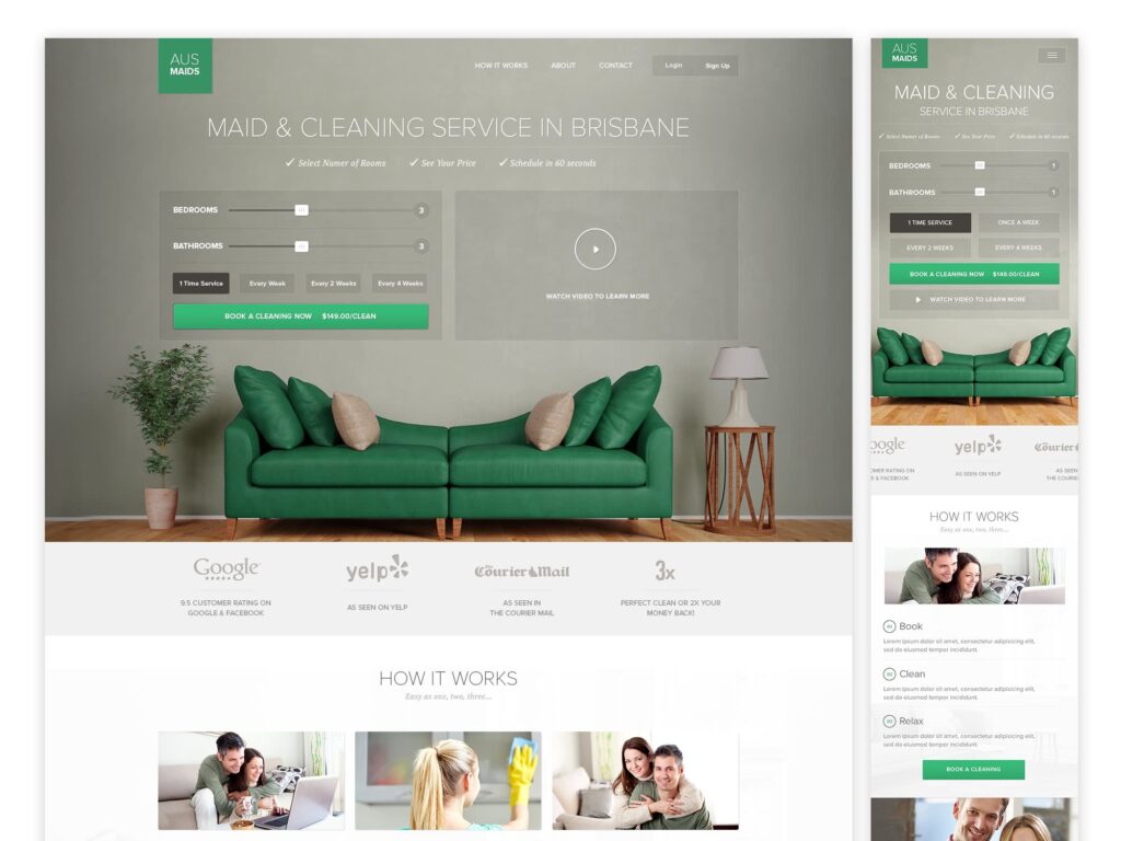 Cleaning service website shown in side-by-side desktop and mobile layouts, featuring a responsive, mobile-friendly design, instant pricing calculator and prominent booking call to action.