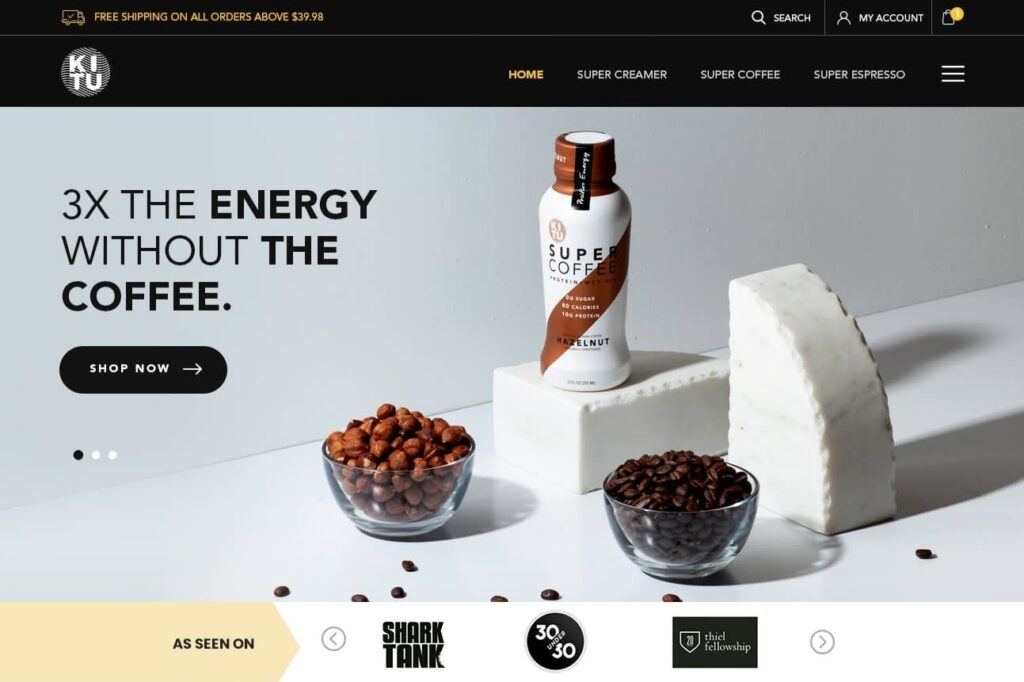 Ecommerce website landing page featuring product imagery, clear navigation, trust badges, promotional messaging and a prominent shop-now call to action.