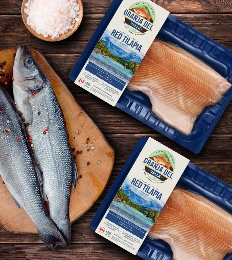 Fresh fish packaging with clean blue tray design, landscape imagery and structured labeling focused on freshness, provenance and product clarity.