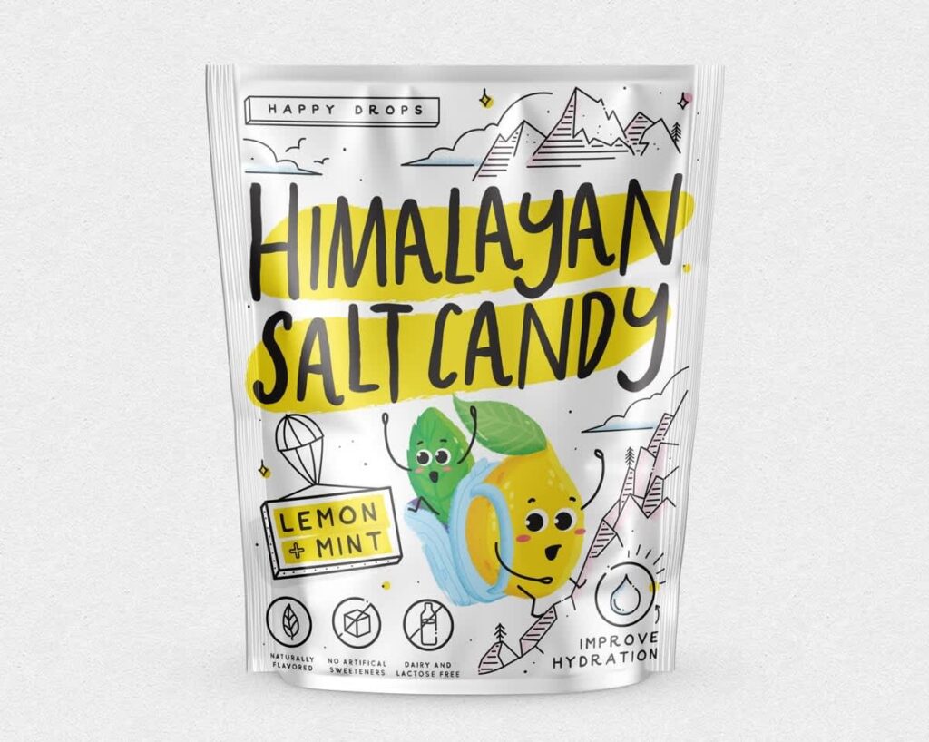 Stand-up pouch of Himalayan salt candy with a playful illustrated label featuring lemon and mint graphics.