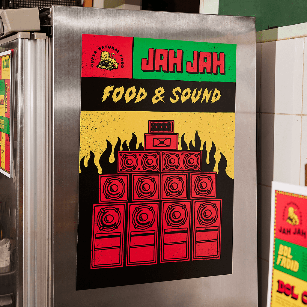 Restaurant poster design featuring expressive display typography and high-contrast lettering used to reinforce a bold, energetic brand personality.
