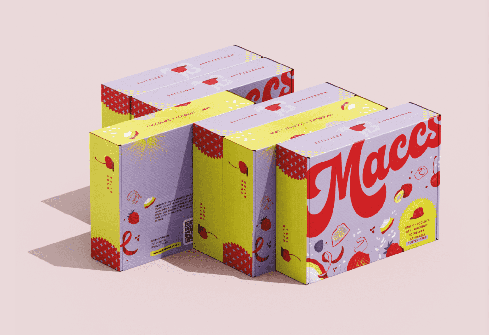 Food packaging design using a bold accent typeface for product branding, supported by smaller functional typography for product information and packaging details.