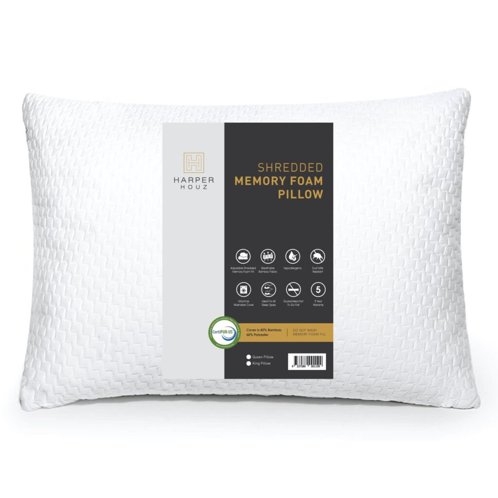 shredded memory foam pillow in packaging sleeve
