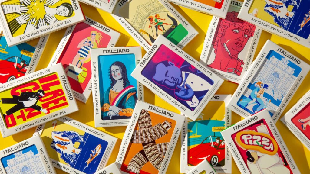 Limited-edition chocolate packaging collection featuring colorful illustrated labels, collectible artwork and bold graphic designs created to encourage seasonal appeal and repeat purchases.