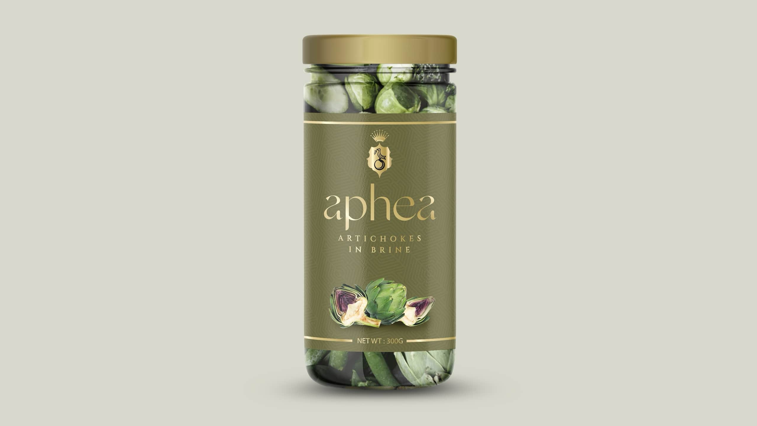 Minimal glass jar packaging for preserved artichokes featuring muted olive tones, elegant serif typography and understated premium branding.