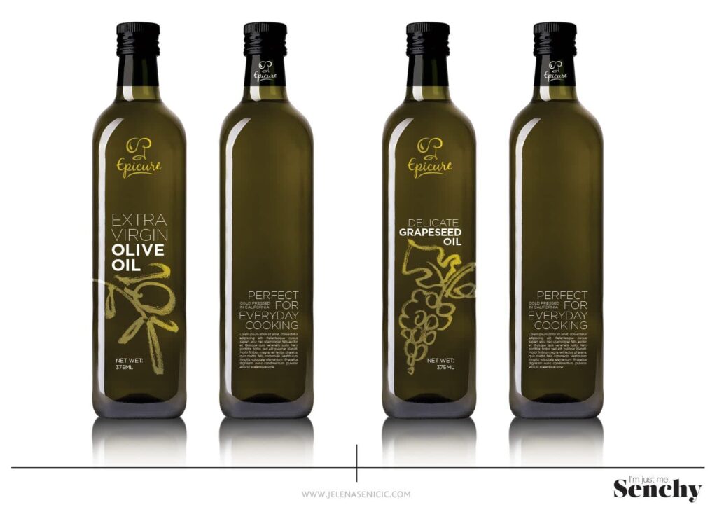 Minimal olive oil packaging with transparent label design, allowing the product itself to become part of the visual identity through clean typography and direct bottle printing.
