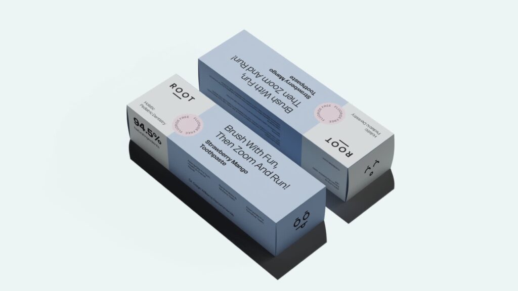 Minimalist toothpaste packaging boxes with clean sans-serif typography and soft blue and white color palette.