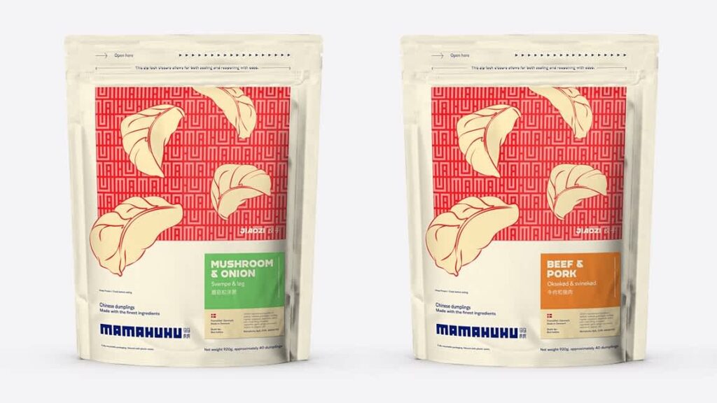 Three plastic stand-up food pouches with illustrated labels showing different dumpling flavors