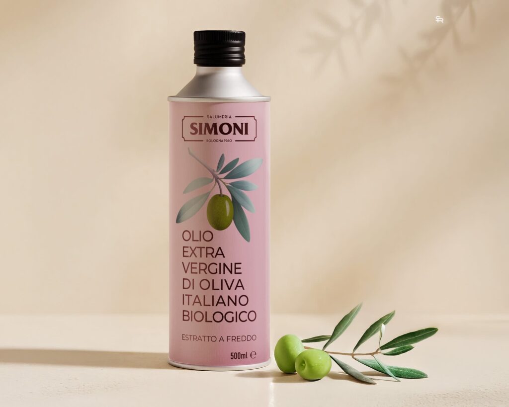 Premium olive oil packaging featuring soft blush tones, minimalist typography and a warm luxury label design with an approachable, refined aesthetic.