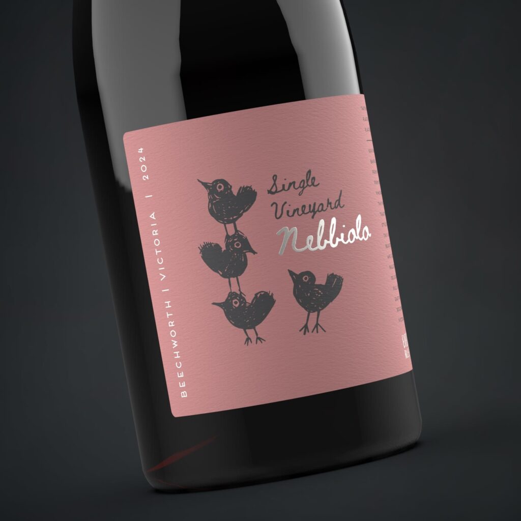 Premium wine label featuring a muted blush color palette, hand-drawn illustrations, textured materials and understated foil details with a modern luxury aesthetic.
