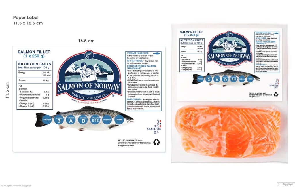 Printed salmon fillet packaging label with nutrition facts and branding, shown alongside vacuum-sealed raw salmon in clear plastic.