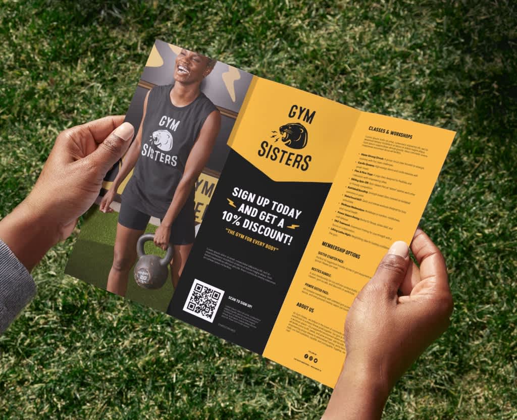 Promotional gym flyer for Gym Sisters featuring membership information, pricing details, QR code leading to website signup, call to action and black-and-yellow brand design.