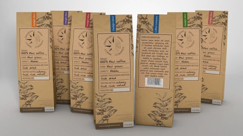Rustic kraft paper label design for an organic coffee brand, features hand-drawn illustrations of plants and hand-drawn typography.
