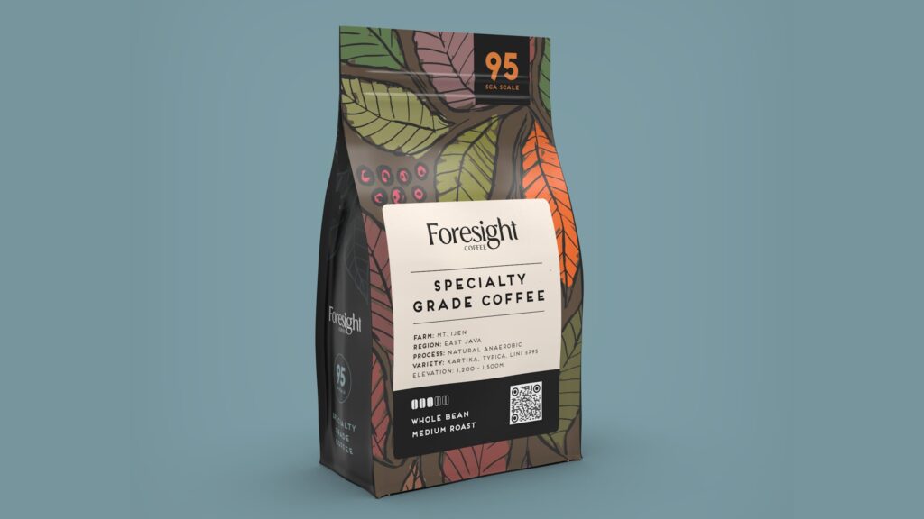 Specialty coffee packaging featuring a QR code integrated into the label design alongside product details.
