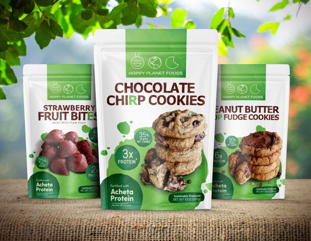 Stand-up pouches for snack products featuring bold product names, protein claims and clean green-and-white branding with product imagery front and center.
