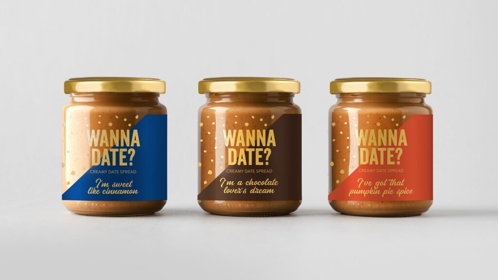 Three glass jars of creamy date spread with gold lids, each featuring different colored labels and flavor descriptions arranged side by side.