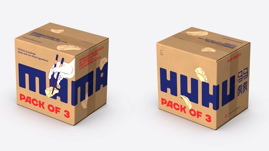 Two corrugated cardboard shipping boxes with bold blue and red graphics labeled pack of six.
