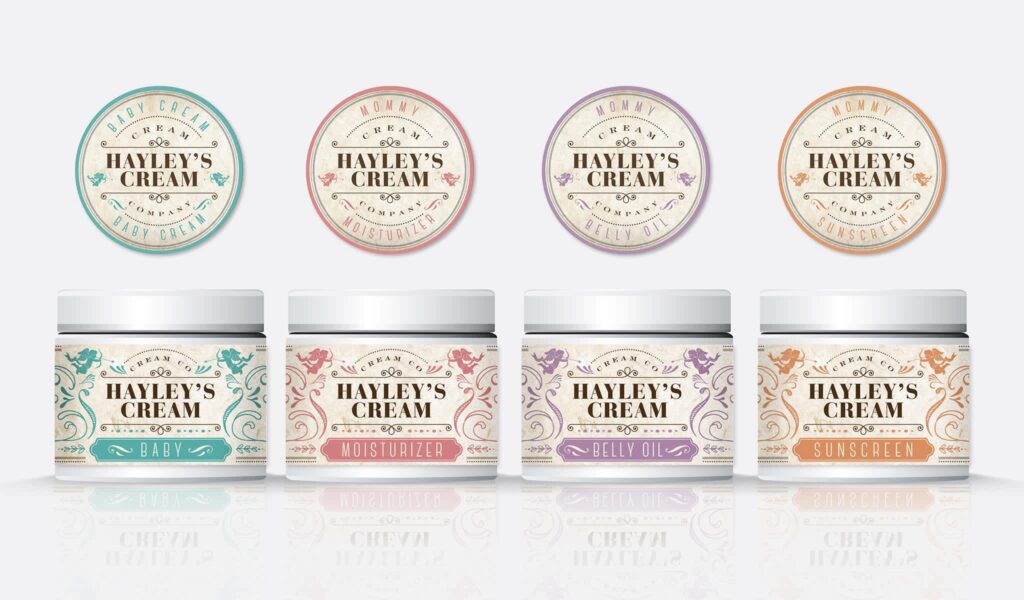 Vintage Hayley’s Cream product label designs that use muted colors, heritage fonts and ornate patterns.