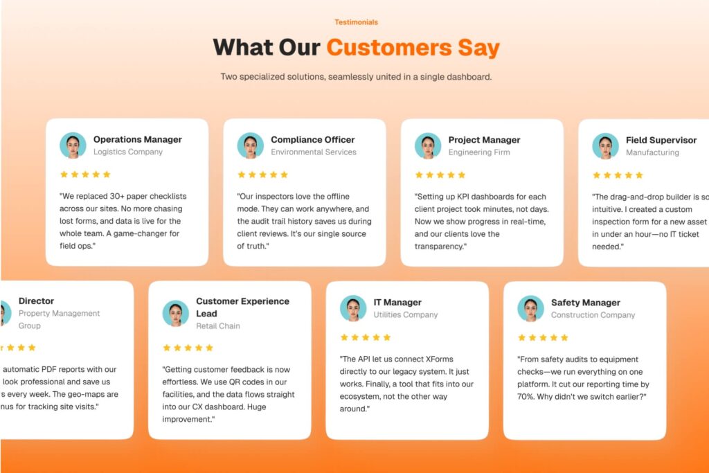 Website testimonials section displaying customer reviews, star ratings, job titles and social proof cards that help build trust and credibility.