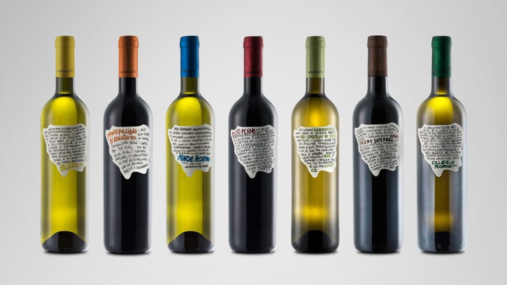 Wine bottle collection featuring handwritten-style labels with imperfect typography, organic shapes and human-first packaging design with a raw, handcrafted aesthetic.