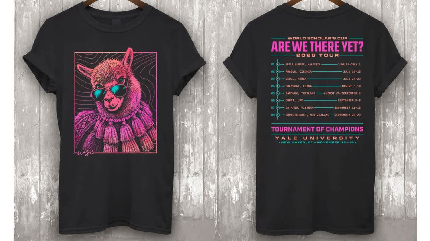 Black T-shirt shown from the front and back with bright pink, teal and orange printed designs.