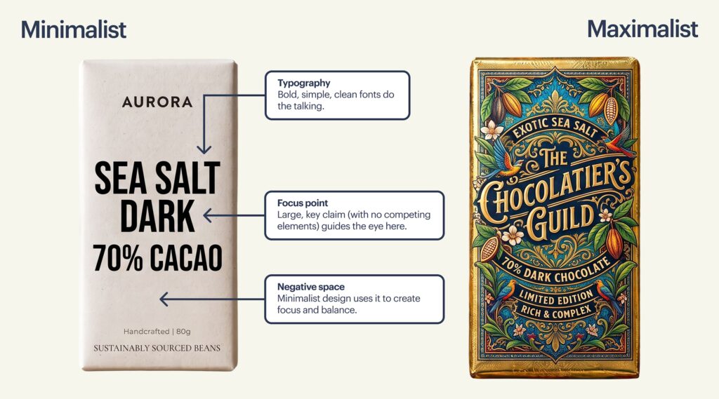 An infographic displaying minimalist vs. maximalist packaging design side-by-side