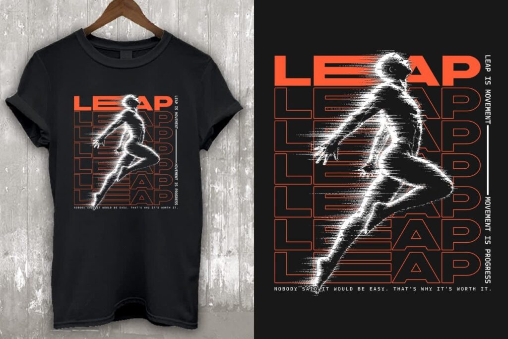 Black T-shirt mockup with an orange and white leaping figure graphic beside a close-up of the same design.