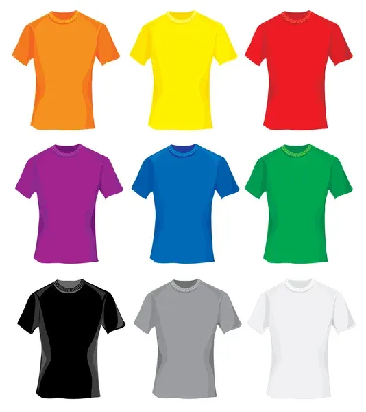 Nine T-shirts in orange, yellow, red, purple, blue, green, black, gray and white.