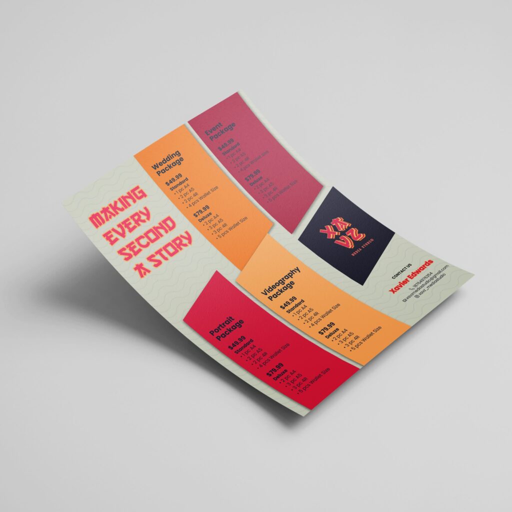 A promotional flyer design for Xavz Media that features the brand tagline “Making every second a story”.