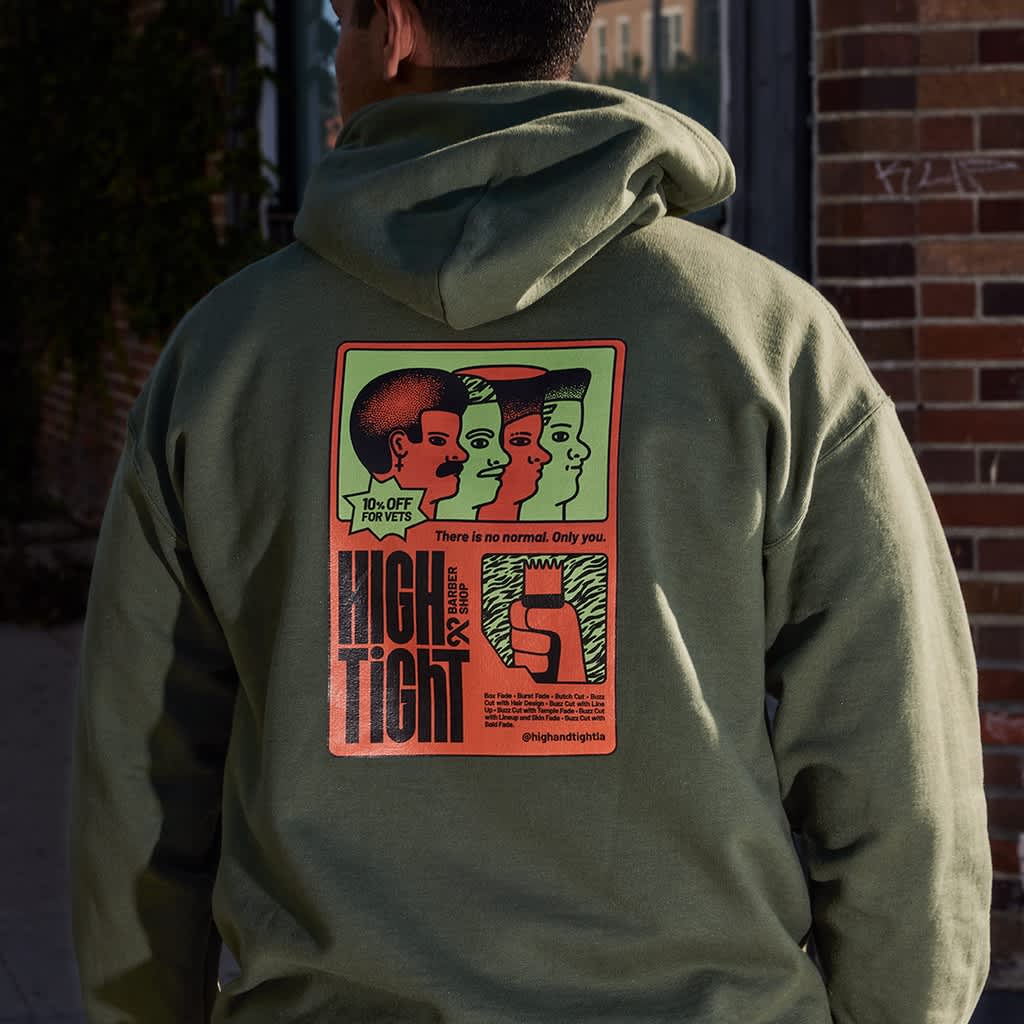 Branded green hoodie with a back design using heat transfer printing.