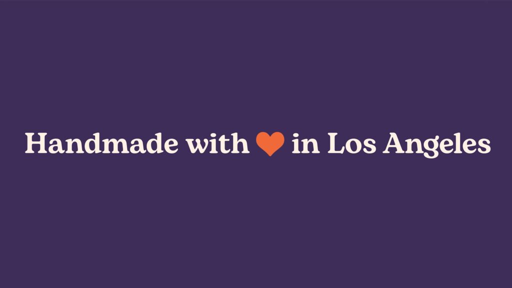 MUSH’s brand tagline “Handmade with love in Los Angeles” on a dark purple background.