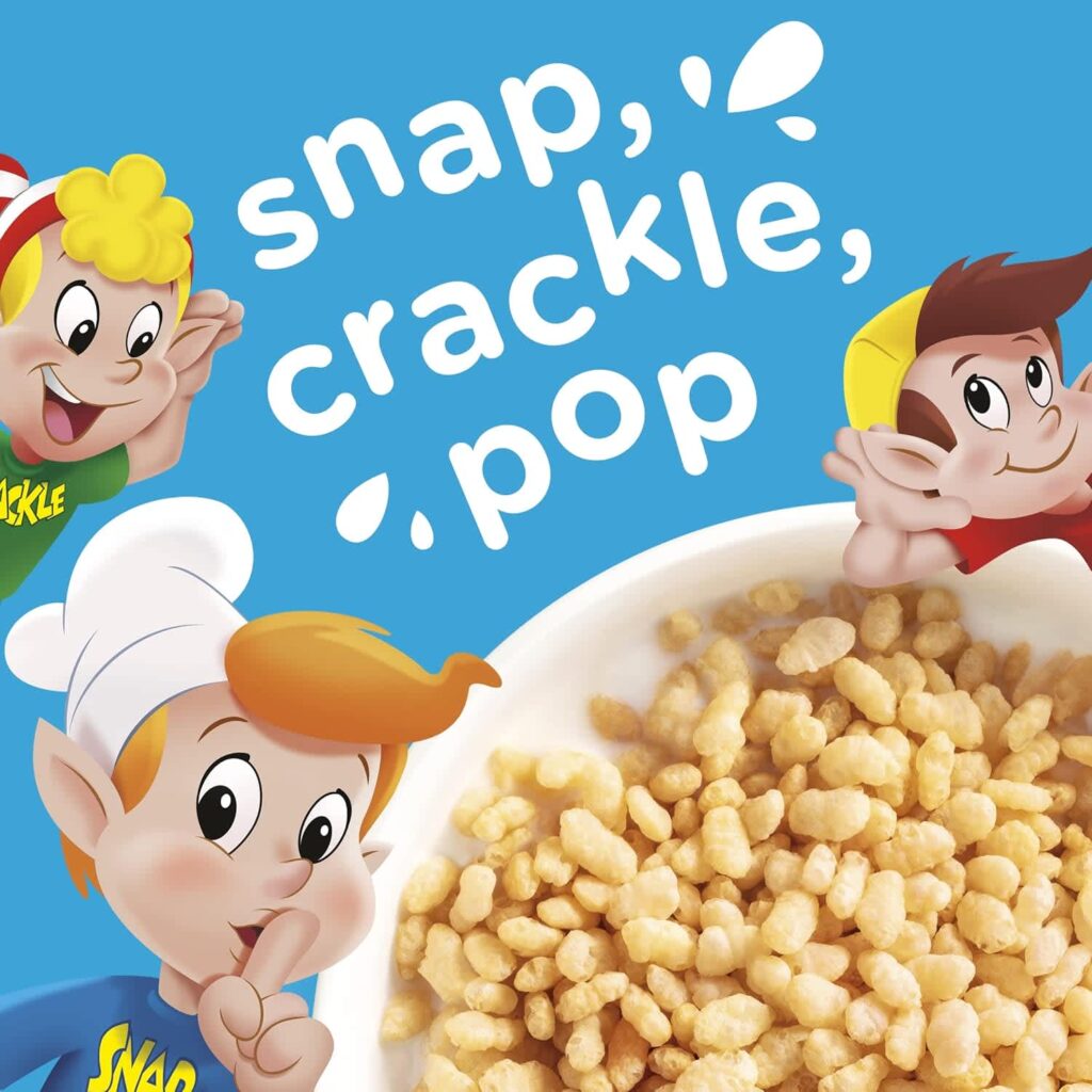 Rice Krispies' slogan "Snap! Crackle! Pop!" on an image that features Rice Krispies’ mascots and a bowl of cereal.