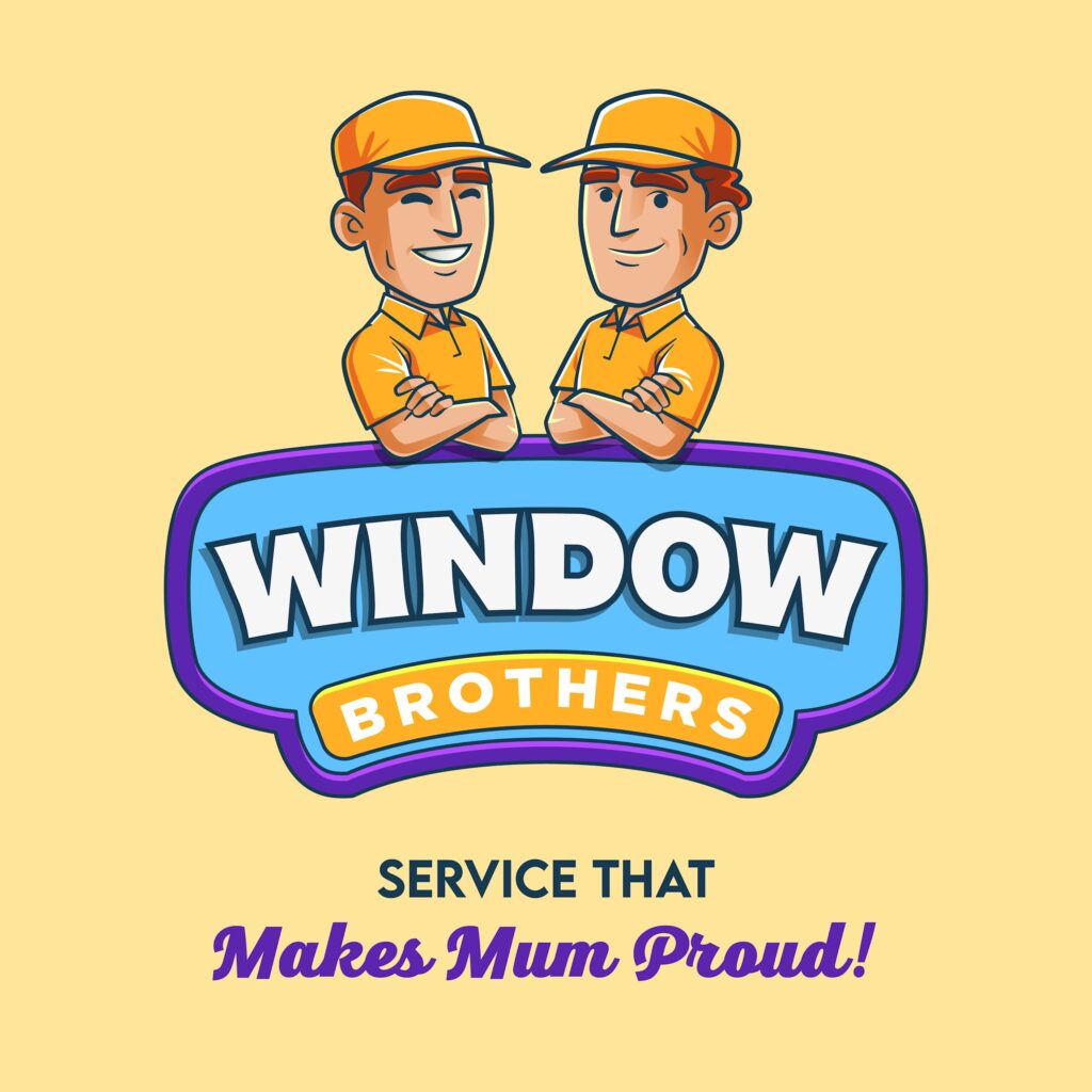 Logo mascot design for a window service company that features the “Service that makes mum proud!” brand tagline.