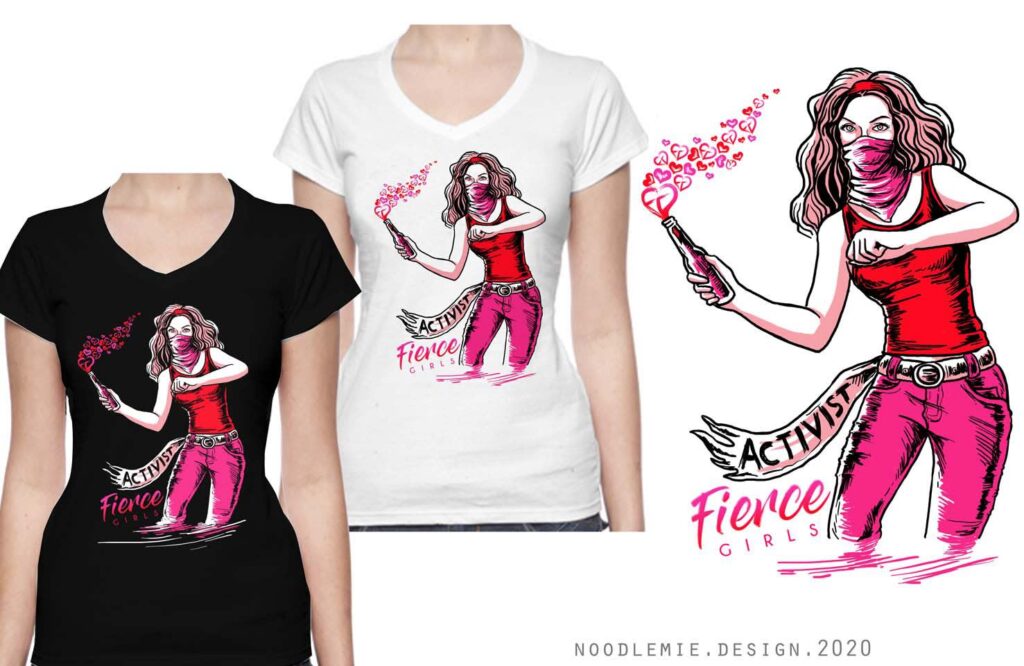 Black and white T-shirt mockups with a pink and red illustrated activist design, shown next to a close-up of the artwork.