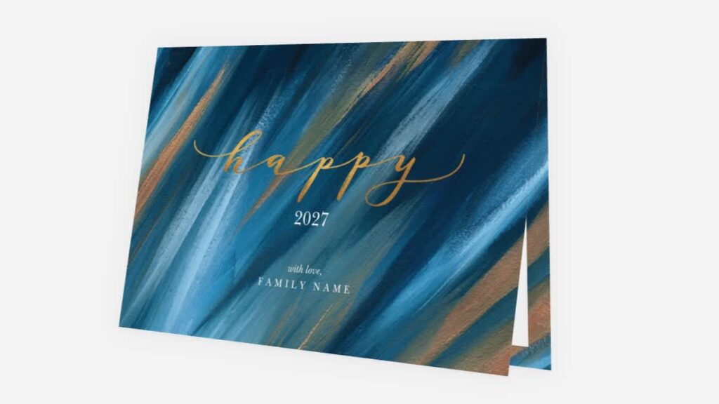 Blue painted New Years card with gold and white custom messaging.