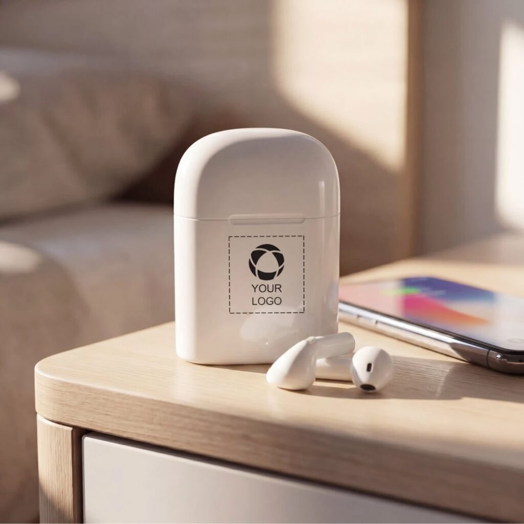 Simple white earbuds and case on a table.